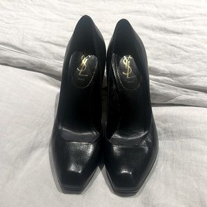 YSL - SAINT LAURENT 38 TRIPON BLACK LEATHER FACETED MIRROR HEEL PLATFORM PUMP